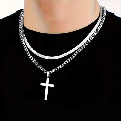 2 Pieces Set Of Men's Stainless Steel Snake Chain Flat Cross Necklaces, Can Be Stacked And Worn With Other Jewelry, Suitable For Everyday Wear, And Makes A Beautiful Gift.