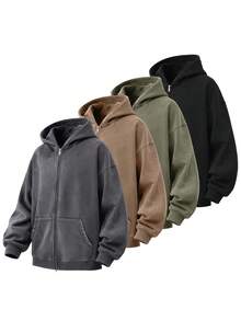 Men's Washed Cotton Cardigan Hoodie Slightly Stretch Breathable Loose Casual Hooded Jacket - 深灰色 - 查看 4