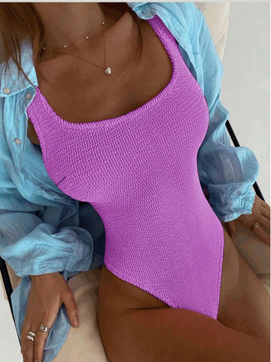 Plain One Piece Swimsuit Summer - Mauve Purple - View 1
