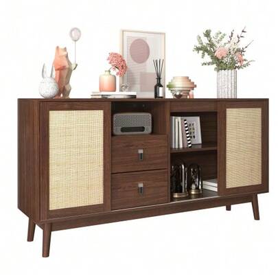 Buffet With 3 Sliding Doors In Genuine Rattan And 2 Drawers, 155 X 38 X 80 Cm, Breathable, Stable And Versatile