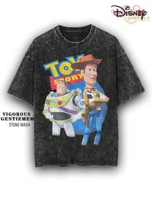 Disney Toy Story Buzz & Woody Classic Poster Vintage Stone Wash T-Shirt, Retro Streetwear Graphic Tee - 黑色 - 查看 1