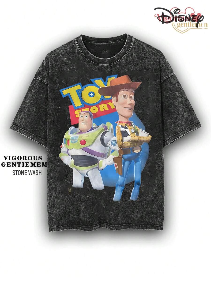 Disney Toy Story Buzz & Woody Classic Poster Vintage Stone Wash T-Shirt, Retro Streetwear Graphic Tee - 黑色 - 查看 1