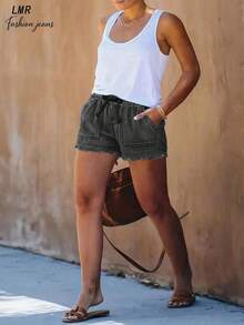 Pantalones cortos de mezclilla casuales y holgados con bolsillos y dobladillo deshilachado para mujer de talla grande en verano - Gris - Ver 5