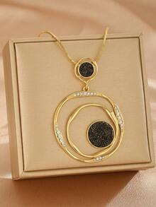 1pc Elegant Geometric Double Circle Pendant Necklace, Gold Tone Snake Chain Long Sweater Necklace For Women Daily Party Decor - Gold - View 3