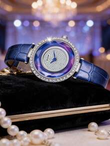 DOM 1pc Women's Luxury Watch, Purple-Blue Tone, Crystal Diamond Dial, Blue Leather Strap, Minimalist Design, Ideal Party Gift - Silver - View 7