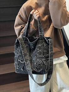 Large Capacity Casual Tote Bag, With Letter Patchwork, Embroidery Thread, Tassel, Multiple Carrying Options, Perfect For Women For Daily Commuting Or Holding Books School Bag, Back To School Backpack, Portable, Lightweight, Large Capacity, Classic Casual, Suitable For Teen Girls Y2k Bag, 2000s Fashion Style, Gothic Punk Bag For Women - 彩色 - 查看 8