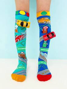 1 Pair Kids Over-The-Knee Socks, Unique 3D Car Decor Design, Crazy Fun Sock Style, Suitable For All Seasons, Great For Crazy Day Gifts, Kids Parties, Valentine's Day, Easter, Holidays, Outdoor And Daily Wear - Baby Blue - View 4
