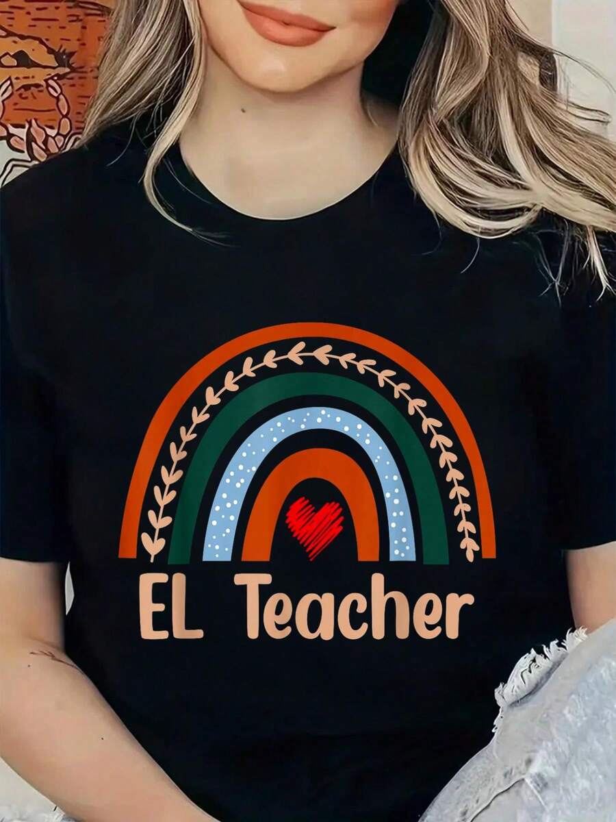 Camiseta Boho Rainbow El Teacher para el Regreso a Clases, Camisetas Gráficas para Mujeres - Negro - Ver 1
