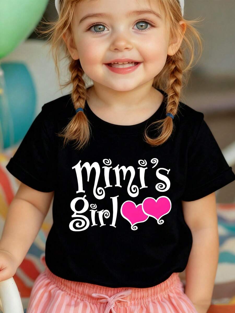 Baby Girl's Casual Fashion T-Shirt, "Mimi's Girl" Print With Pink Hearts, Sweet Family Design, Comfortable Soft Fabric, Perfect For Daily & Family Outings - màu đen - Xem 1
