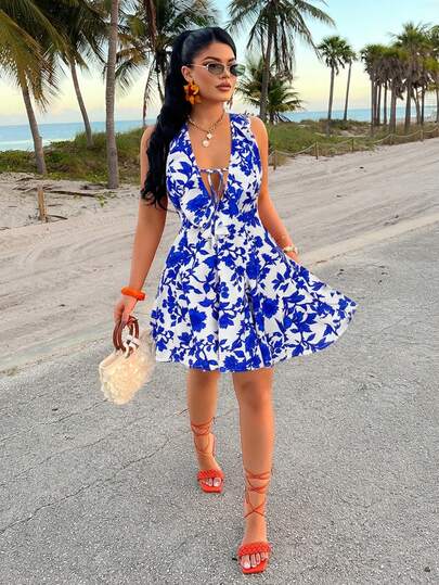 Amarilo Women'S Floral Print Halter Neck Deep V-Neck Beach Dress - Tie-Up Waist, Ruffles, Cutout A-Line, Casual Vacation, Spring/Summer