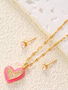 1 Set de collar y aretes con corazón de cobre y circonita esmaltada, opción de regalo elegante para ir al trabajo y citas - DM06701 - Ver 11