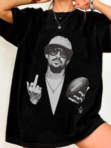 女士夏季新款人像印花圆领短袖T恤，休闲宽松百搭上衣，时尚日常穿搭黑色 - 黑色 - 查看 1