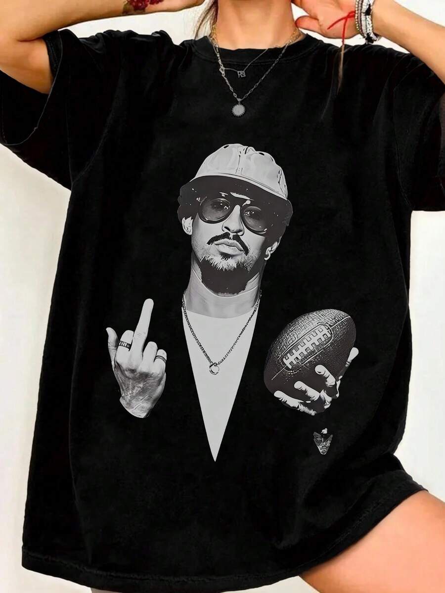 女士夏季新款人像印花圆领短袖T恤，休闲宽松百搭上衣，时尚日常穿搭黑色 - 黑色 - 查看 1