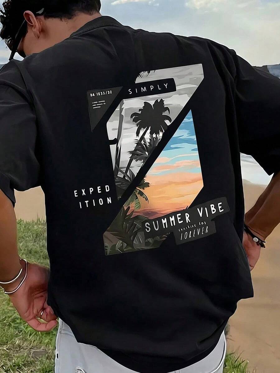 1 pieza Camiseta de hombre con estampado gráfico, ropa de playa de verano, camiseta de manga corta de corte holgado. Esta camiseta de hombre tiene un diseño casual y de estilo vacacional, muy adecuada para escapadas a la playa, así como para uso diario. - Negro - Ver 1