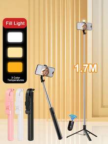 1,7 m Nuevo palo de selfie Bluetooth, control remoto inalámbrico de 10 m, soporte de teléfono giratorio y desmontable a 360°, estructura reforzada, trípode estable, equipo para transmisión en vivo, material de aleación, con luz de relleno LED, ajustable y extensible, compatible con iPhone 17/16/15/14/13/12, S25/S24/S23/S22/S21/S20 y cámaras, luz de relleno para cámara DSLR - Unitalla - Ver 2