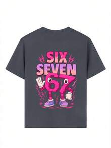 少女款“SIX SEVEN”卡通数码印花粉色T恤，适合日常穿着、街头风、活动场合，休闲百搭的夏季女童上衣 - 深灰色 - 查看 8