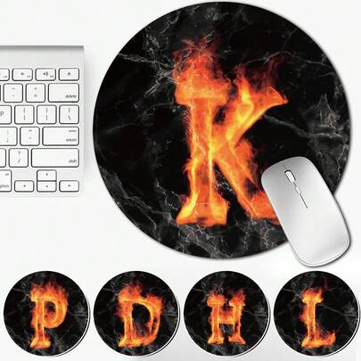 舒适腕托防滑鼠标垫 时尚PU鼠标垫 办公桌面圆形鼠标垫 便携式鼠标垫 办公配件 完美节日礼物 首字母姓名火焰图案 26个字母