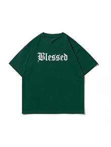 男士夏季美式哥特式文字图案圆领短袖T恤 - 墨綠色 - 查看 5