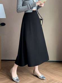 1pc Women's High Waist A-Line Skirt, Flattering Flared Design, Versatile Suit Skirt - Black - View 2