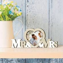 1pc Traditional Wooden Heart-Shaped Photo Frame, Suitable For Mr. & Mrs., Warm Wooden Tone, Perfect For Romantic Wedding Photos. This Rustic Style Horizontal Desktop Stand Is A Personalized Display Choice For Couples - G - View 6