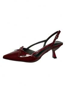 Elegant Bowknot High Heels, Women's Summer New Pointed Toe Thin Heel Low Vamp Fairy Style Kitten Heels - Burgundy - View 4
