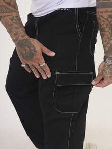 Men's Cargo Jeans, Wide Leg, Side Pocket, Streetwear - Black and White - View 4