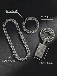 闪耀全钻链套装，银色奢华项链手链，配矩形吊坠 - 方塊吊墜三件組 - 查看 3