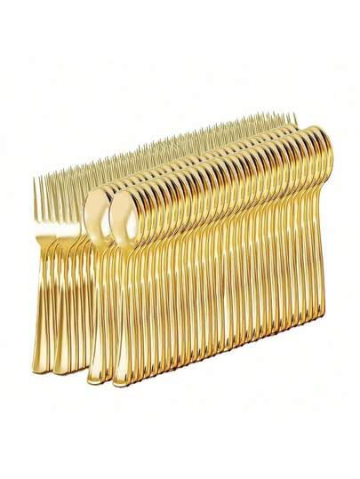 Reusable Plastic Gold Cutlery Set - Gold Fork + Gold Spoon + Gold Knife, Suitable For Cake, Dessert, Salad, Burger, Sandwich, Sushi, Great For Birthday Party, Wedding