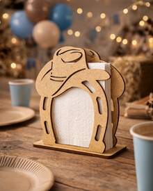 Servilletero de madera MDF calado en forma de herradura con sombrero vaquero decoracion para fiesta tematica western centro de mesa rustico recuerdo para evento infantil y bautizo - Marrón Mocha - Ver 1