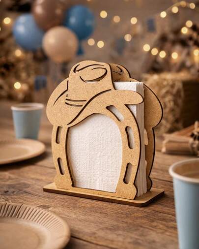 Servilletero de madera MDF calado en forma de herradura con sombrero vaquero decoracion para fiesta tematica western centro de mesa rustico recuerdo para evento infantil y bautizo