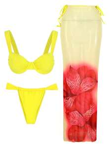 春夏新款柠檬黄优雅性感休闲沙滩度假派对三件套比基尼：钢圈抹胸上衣 + 渐变印花长裙 - 彩色 - 查看 2