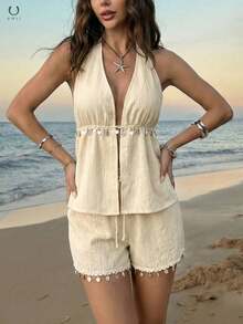 UMII 女士米色两件套露背吊带上衣，纹理面料饰有贝壳滚边和贝壳亮片流苏短裤，夏季波西米亚风海滩度假休闲装 - 杏色 - 查看 3