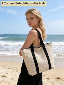 Summer Vacation Large Capacity Straw Tote Bag Women's Casual Seaside Beach Bag Woven Shoulder Handbag Double Handle White Purse For Travel Outing - 彩色 - 查看 7