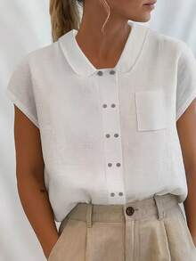 Women's Loose Solid Color Lapel Double-Breasted Shirt, Suitable For Summer Wear White - White - View 8