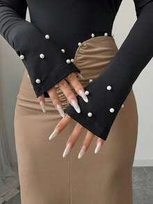 Elegant Women's Knitted Long Sleeve Off-Shoulder Ruched Dress With Pearl Details - Brown - View 5