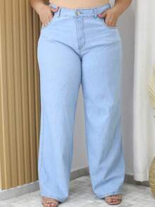 Women's Wide Leg Palazzo Jeans Without Lycra, Elegant, Sensual, Casual Plus Size Jeans, 100% Cotton - 淺色水洗藍 - 查看 2