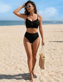 High Waisted Bikini Sets For Women Textured Tummy Control Swimsuits Two Piece Cutout Beach Swim Bathing Suits - Sky Blue - View 10