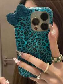 3D Rhinestone Bow Leopard Print Phone Case, Compatible With 17 Pro Max, 17 Pro, 17 Air, 17, 16, 15, 14, 13, 12 Pro Max, 11, Fashionable Shock-Resistant Protective Phone Cover - Blue - View 2