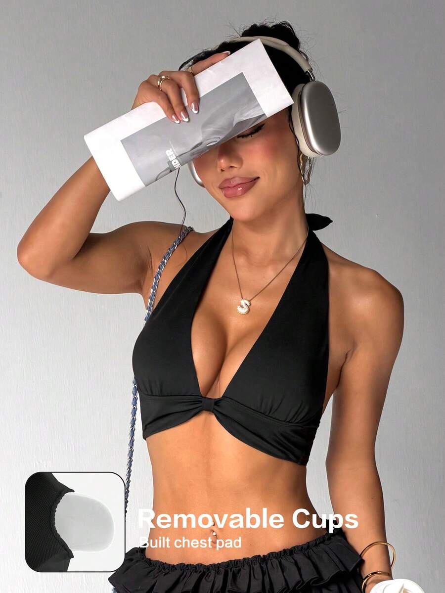 Women's Solid Color Removable Padded Halter Tie Back Sports Bra Spring - Black - View 1