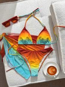 Conjunto de traje de baño de 3 piezas para mujer con falda triangular con cintura anudada, decoración de concha metálica y estampado de degradado multicolor para chica afortunada en vacaciones de verano en la playa - Naranja ardiente - Ver 1