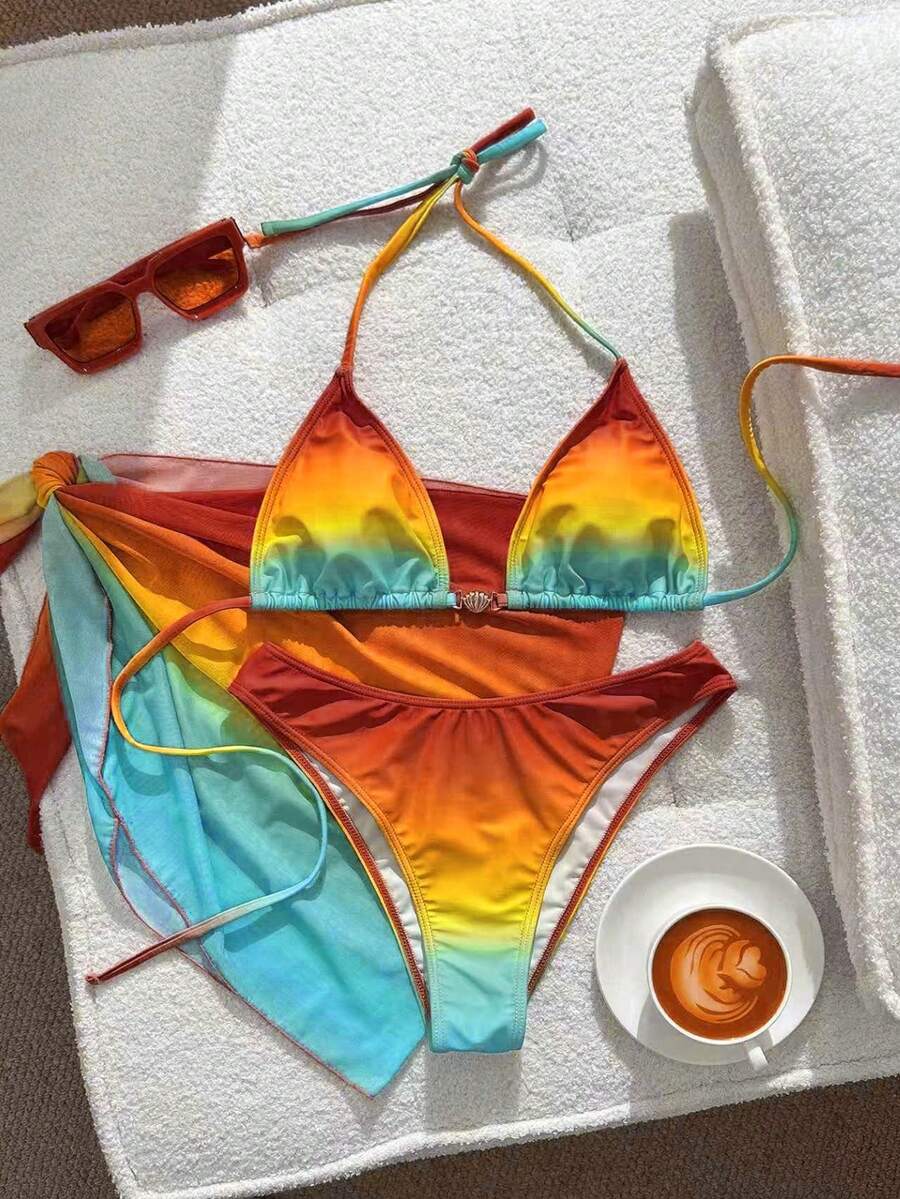 Conjunto de traje de baño de 3 piezas para mujer con falda triangular con cintura anudada, decoración de concha metálica y estampado de degradado multicolor para chica afortunada en vacaciones de verano en la playa - Naranja ardiente - Ver 1