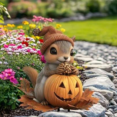 2D Acrylic Garden Stake, Cute Squirrel With Pumpkin, Fall Halloween Decor, Outdoor Yard Art, Thanksgiving Ornament, Waterproof Lawn Sign, Autumn Pathway Decoration