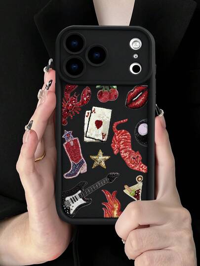 Bling Sequin Patchwork Poker Tiger Guitar Lipstick Vintage Aesthetic Black Phone Case Creative Personalized High-End Middle Eastern Style Design, Black Frosted Texture Full Coverage Protective Dustproof Waterproof Soft Case, Compatible With IPhone 17/16/15/14/13/12/11/Pro/ProMax/X/XR/XS/XSMAX/7/8/PLUS And Galaxy S21/22/23/25/ULTRA/PLUS/FE, Ideal Gift For Friends, Family, Couples On Birthdays And Festivals.