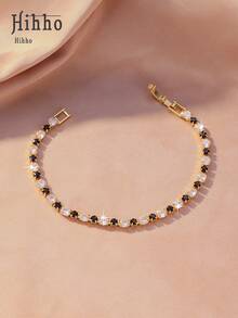 Hihho 1 pulsera de brazalete con baño de oro y circonita cúbica, elegante y brillante con opciones multicolor de rosa, azul, verde, negro y blanco transparente, adecuada para uso diario, citas, fiestas, eventos sociales ligeros y como regalo para fiestas - Pulsera de tenis - Ver 9