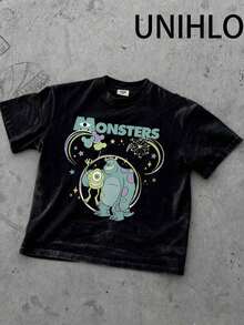 Disney UNIHLO  Mickey   Printed Summer Heavyweight Retro Washed Street Fashion Casual T-Shirt - màu đen - Xem 5