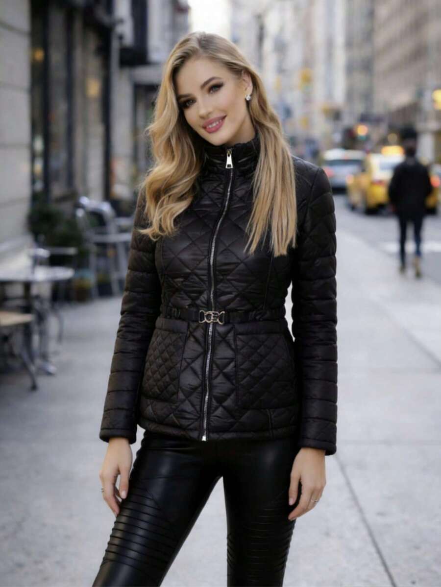 Chaqueta acolchada con cinturón para mujer. Con diseño de acolchado en forma de diamante, elegante y cálida. Cuello alto con cinturón desmontable. Cierre delantero con cremallera. Adecuada para todas las estaciones, cómoda y con estilo. - Negro - Ver 1