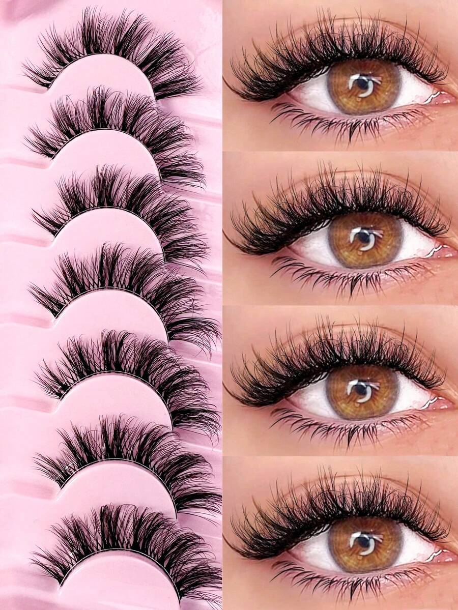 New 7 Pairs 3D Fluffy Lashes Clear Band Eyelashes Cat Eye False Eyelashes Short Soft 3d Faux Mink Eyelashes Soft Natural Makeup Manga False Eyelash Strip Lashes, Lashes, Eyelashes, Daily Wear For Stage Parties Fake Lashes - Lông mi mắt mèo - Xem 1