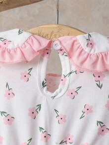 Baby Girls' Pink Floral 2 In 1 Ruffle Hem Sweet Floral Peter Pan Collar Toddler Dress With 3D Flower Decor - Pink - View 9