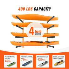 Wall Kayak Storage Rack, 4-Capacity Wall Mounted Kayak Holders For Kayak Canoe Paddle Board, Kayak Storage Hooks With Adjustable Padded Arms, 400 LBS Load Kayak Hanger For Indoor Outdoor Garage - Orange - View 2