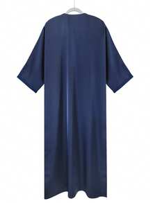 Men's Embroidered Moroccan Robe, High-End Embroidered Ramadan Long Robe With Pockets, Half Sleeve Ramadan Kaftan - Royal Blue - View 3